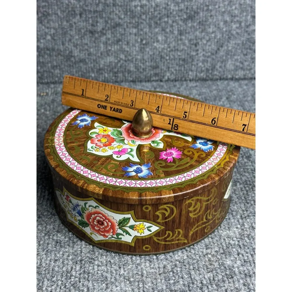Vintage Daher England tin round brown gold multi ornate knob lid floral 7x3